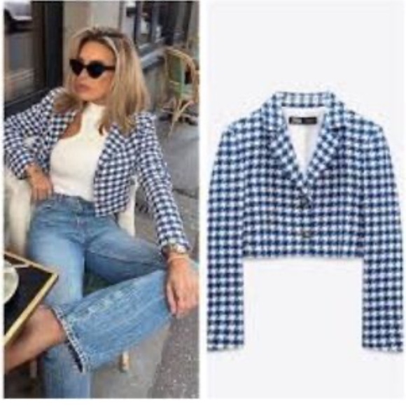 Zara Women's Blue and Cream Patterned Blazer - Picture 8 of 9